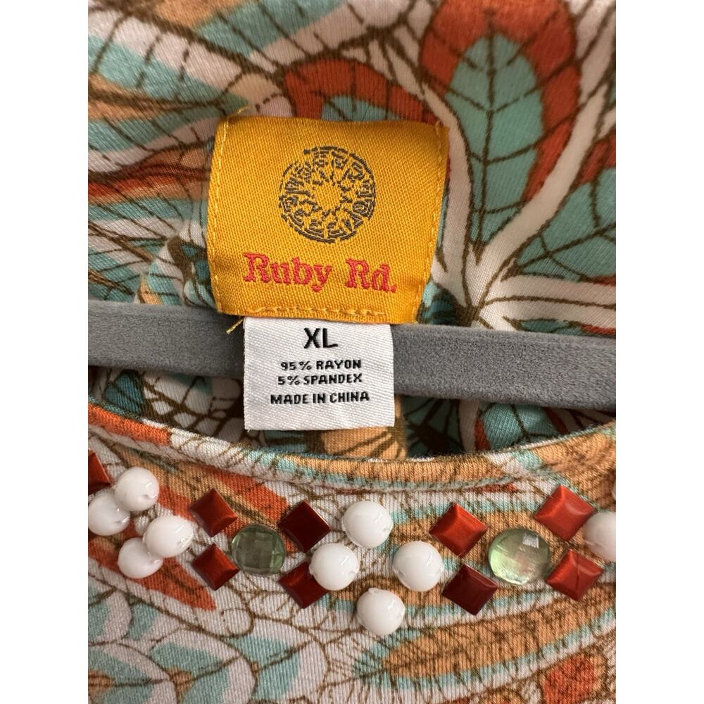 Ruby Rd XL Pullover Top Beaded Neckline Coral Teal Short Sleeve Stretch - Picture 2 of 13